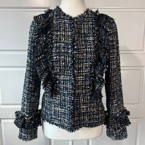 Ann‎ Taylor Tweed Jacket Size 0 Ruffle Trim Gold Blue Career Party